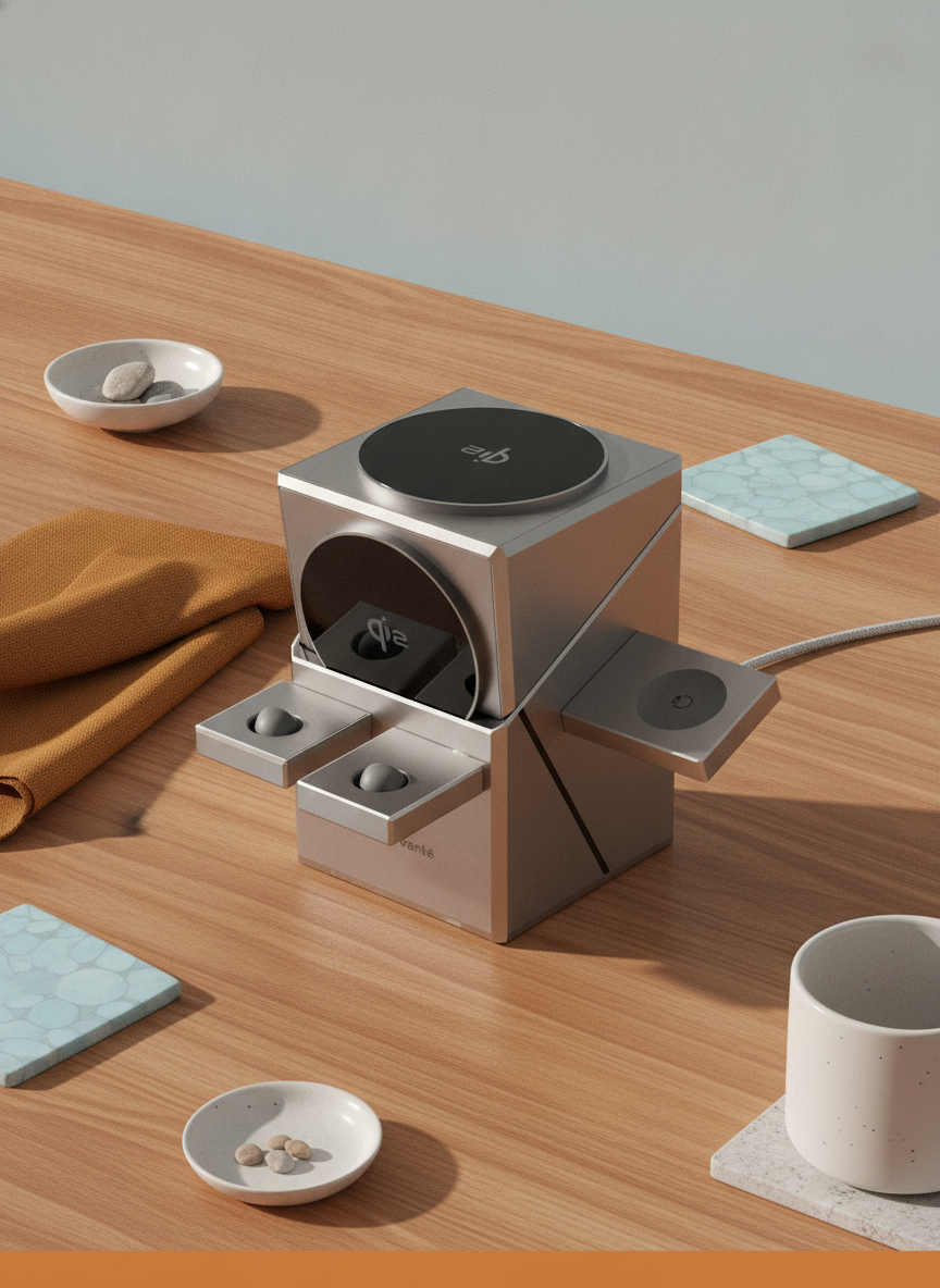 3-in-1 magnetic wireless charging station twisted open, showcasing charging pads for a phone, watch, and earbuds on a clean, 
