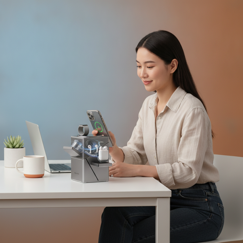 A 3-in-1 magnetic wireless charging station on a white desk, charging an iPhone, Apple Watch, and AirPods. A woman sits in th